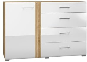 FURNLUX Adagio Sideboard High Gloss Pure White & Oak 134 x 42 x 90 cm with 1 Door, 2 Shelves and 4 Drawers, Chipboard/MDF