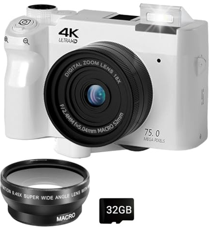 Appareil Photo Numérique Zoomix, 4k 75 Mpx, Zoom Numérique 18x, Compact, Écran 3 Pouces, Mise Au Point Intelligente, Double Capteur Avant et Arrière(White-Wide-Angle Lens#)