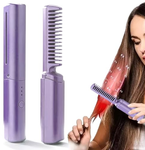 Pettine da parrucchiere in ceramica Mini spazzola per lisciare i capelli portatile senza fili Capelli lisci e anticrespo in qualsiasi momento USB ricaricabile per donna 7, 3 pollici Viola
