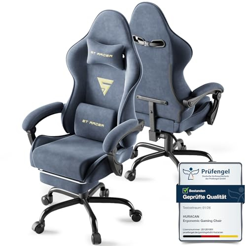 Huracan Gaming Stuhl mit Massage-Lendenkissen, Gaming Chair Ergonomisch, Verstellbare Rückenlehne Gaming Sessel Mit Kopfstütze, Fußstütze, Höhenverstellbarer Gamer-Racing-Stuhl, 130kg Tragkraft, Grau
