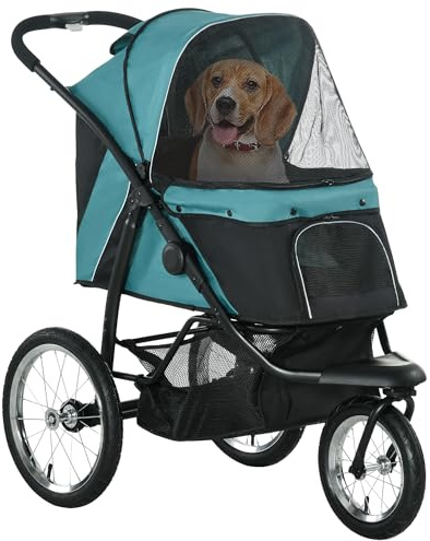 PawHut 3 Wheels Pet Stroller, Foldable Dog Stroller with Adjustable Canopy, Safety Tether, Cushion, Storage Basket, Portable Jogger for Small and Medium Dogs and Cats, Dark Green