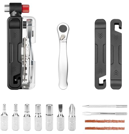 ROCKBROS Bike Tool Kit, Portable Bike Multitool with 7 Magnetic Bits, Ratchet Wrench & CO2 Inflator Nozzle, Bike Tire Repair Kit with Tire Levers for Road and MTB Emergency