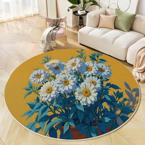 ALTCIRNMD Üppige Blüten Weiß Weicher Runder Kurzflor-Teppich Künstlerische Illustration Für Wohnzimmer & Schlafzimmer,Einfache Pflege,Heimbüro-Dekoration,100Cm Durchmesser