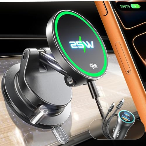 LISEN Wireless Magsafe Car Charger,Qi2.2 25W Magsafe Car Mount Charger | for iPhone 17 Pro Accessories Car Magnetic Charger 25W for iPhone 17 16 Samsung Galaxy S26 Ultra 15W for iPhone 17-12