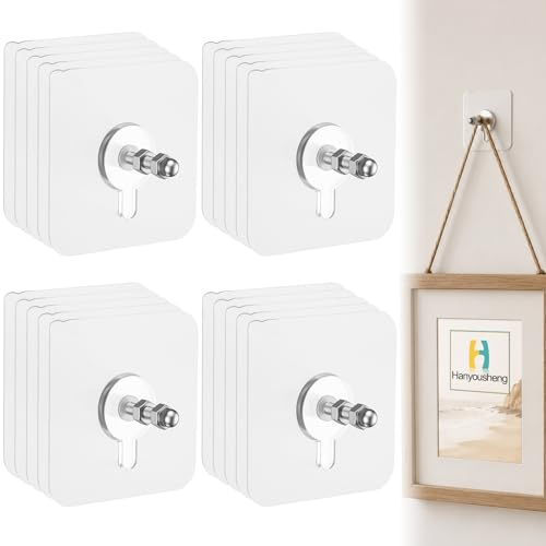 Hanyousheng 20Stück Selbstklebende Haken Transparent, Starke Klebehaken für Wand Bilder Aufhängen Ohne Bohren, Wasserdichte Bildaufhänger für Bilderrahmen, Poster, Fotos, Dekoration, Küche, Bad(20PCS)