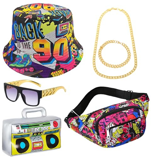 6 Stück 80er90er Kostüm Herren Damen Erwachsener Retro Hip Hop 90s Zubehör | Fischerhut Gürteltasche Goldkette Ringbrille Aufblasbare Boombox 80er 90er Outfit für Rapper Party Karneval Halloween