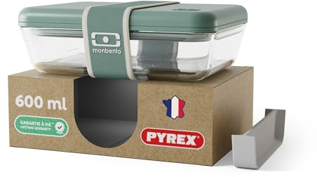 monbento x Pyrex Lunch Box en Verre Fabriquée en France, Bento Hermétique - MB Pure - 600 ml, Boîte Repas Micro-Ondable Avec Séparateur, Compatible Four et Lave-Vaisselle - Vert