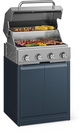 Klarstein Parrilla de gas, WaldChef 30 mbar – Parrilla de barbacoa de 4 quemadores, 12.800 W, acero inoxidable, rejilla de hierro fundido, termómetro, encendido piezoeléctrico