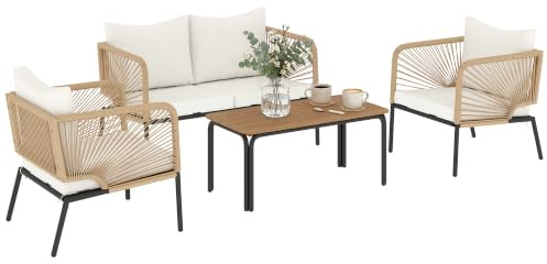 Outsunny Gartenmöbel Set Rattan Sitzgruppe für 4 Personen 2er Sofa Weiß | Gartenlounge, 2 Sessel, Lamell-Tisch, Seilflecht, Waschbar Sitzkissen, Holzoptik, Outdoor Balkonmöbel