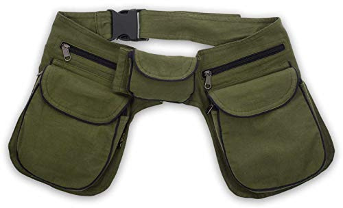 Kunst und Magie Doppel Bauchtasche Sidebag Gürteltasche Festivaltasche Hippie Goa, Farbe:Army Green/Schwarz