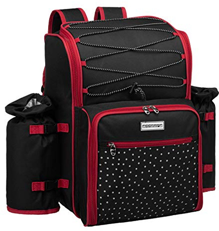 anndora Picknickrucksack 4 Personen schwarz weiß gepunktet + 29-TLG. Zubehör