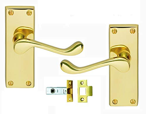 Golden Grace Victorian Scroll Brass Latch Door Handle Set, Polished Brass | Includes matching spindles, screws, and 64mm tubular components; 120mm x 40mm backplate size ensures an easy install.