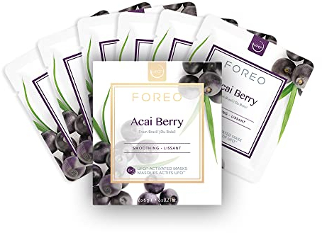 FOREO Acai Berry, maschera viso UFO anti-età per pelle secca, confezione da 6, levigante, rimpolpante, idratante, bacche di acai e burro di karité, naturale e cruelty free, per tutti i dispositivi UFO
