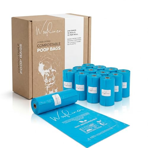 Wooflinen Unscented Compostable Dog Poop Bags – Leak-Proof Dog Poop Bags Rolls – Large 9x13”, Durable, Easy Tear – Made from Plant-Based Materials – For Big & Small Dogs – 240 Bags (16 Rolls)