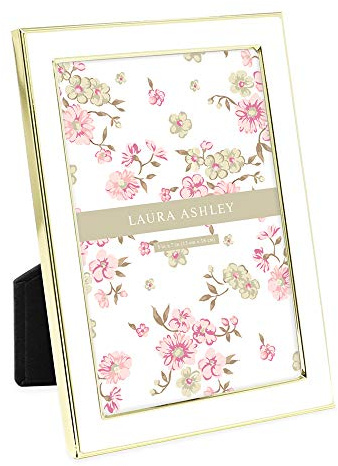 Laura Ashley 5x7 White Enamel Picture Frame, Gold Metal Edge with Easel, for Countertop, Counterspace, Tabletop Display, Bookshelf, Desk, Wall Décor, Photo Gallery