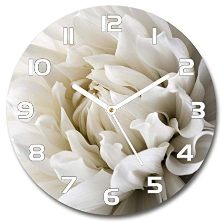 Tulup Horloge en Verre Rond 30cm - Silencieuse sur Pied Salon Design La Mur Impression Verre Sécurité - Aiguilles d'horloge Blanches - Dahlia Blanc