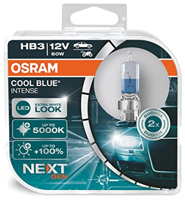 OSRAM COOL BLUE INTENSE HB3, +100% más de brillo, hasta 5000 K, lámpara de faro halógena, aspecto LED, caja dúo (2 lámparas)
