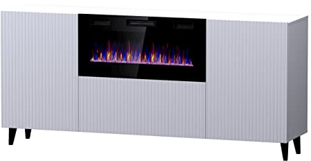 Furniture24 Kommode Pafos mit Kamin Wohnzimmerschrank mit 2 Klappe 2 Türen Weiß matt, 180x82x40