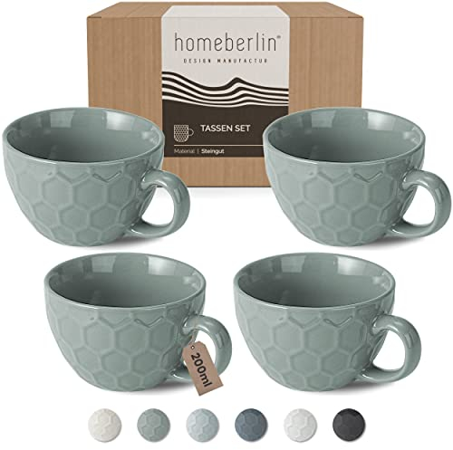 HOMEBERLIN® Juego de 4 tazas de café con diseño de capuchino, 200 ml, juego de tazas de café de alta calidad, 4 tazas de café modernas hechas a mano, de pared gruesa