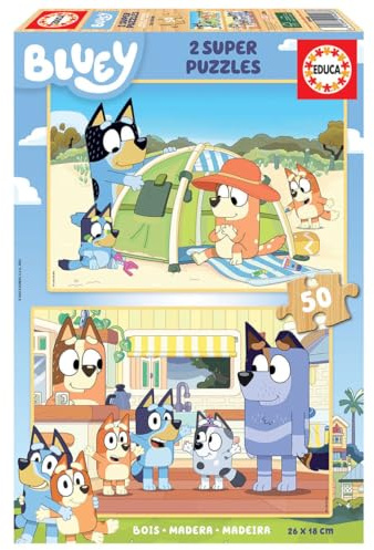 Educa - 2x50 Bluey träpussel, miljövänligt set | Australisk karaktär | Pedagogisk leksak | Från 4 år (19408)