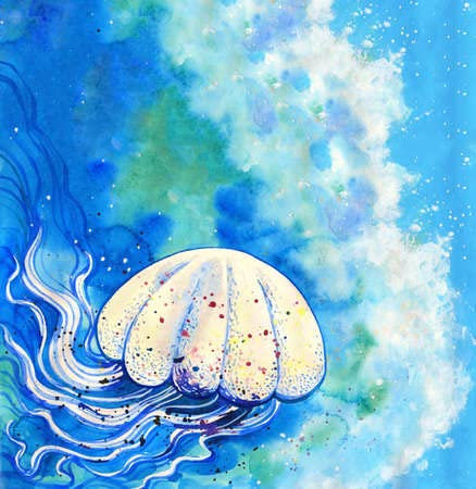 adrium Acryl-Bild 80 x 80 cm: Quallen-Aquarellmalerei. Handgezeichnete Illustration des Meereslebens mit weißer Medusa im blauen Ozean(60005435)