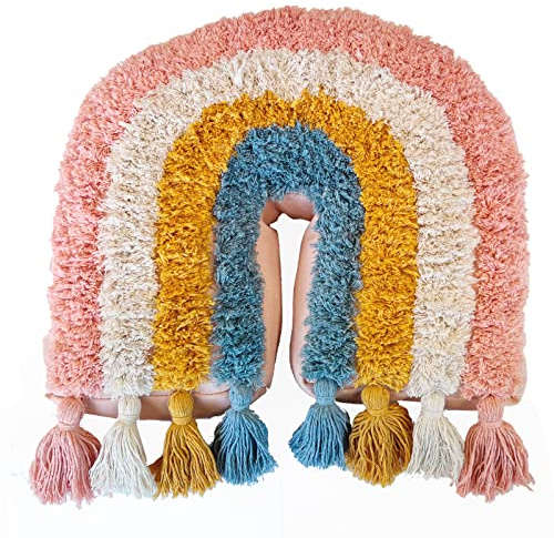 PETIT ALO Cojín Infantil Arcoíris Multicolor - Cojín Rosa Multicolor en Forma de Arcoíris y Borlas de Colores - Cojín Decorativo Algodón 35x25 cm