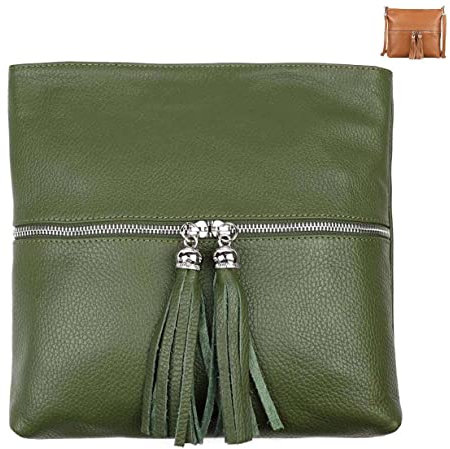 OBC Made in Italy Damen Leder Tasche Bodybag Schultertasche Crossover Umhängetasche Handtasche Ledertasche Damentasche Crossbody Olivgrün