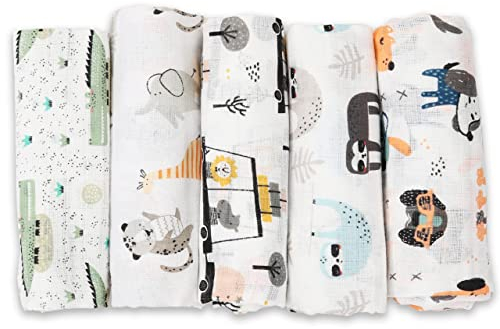 FENSILO Spucktücher Baby - Mulltücher - Stoffwindeln - 5er Pack 70x80 cm,Stoffwindeln, Made IN EU, schadstoffgeprüft, Spucktücher Baby Junge Mädchen Tuch mit Hund & Krokodil