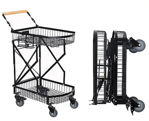 Collapsible Shopping Cart, Shopping Carts for Groceries Foldable with Bottle Rack, 360 Degree Swivel Shopping Cart with Wheels for Shopping, Camping, Traveling, Laundry, Garden, Garage - Large
