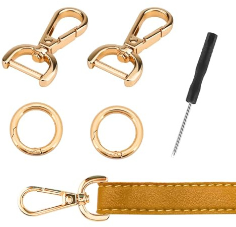 SwirlColor Karabinerhaken mit Drehgelenk, 2 Stück D-Ringe Karabiner mit Drehgelenk und 2 Stück Feder O Ringe mit einem Schraubendreher für Geldbörse Crossbody Handtasche DIY Zubehör - Gold