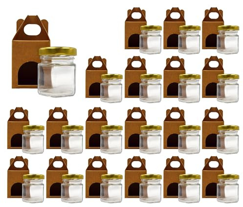 Espirito Rebelde 20x Petit Pot de Miel Hexagonal avec Couvercle 45ml + 20x Boîte Kraft pour 1 Pot - Idéal pour la Conservation de Miel, Confiture, Épices, Yaourt
