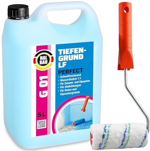 HALBAU Tiefengrund LF Perfect 5 L, Voranstrich unter Abdichtungen, Grundierung für Putz, Beton + Farbroller 10cm Mikrofaser Set G01