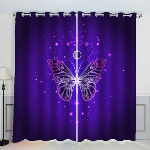 MEVASA Vorhänge Blickdicht Schmetterling 3D Verdunklungsvorhänge 2er Set mit Ösen Gardinen Lila Vorhang Microfaser Schlafzimmer Kinderzimmer 140 x 160 BxH