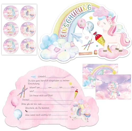 SHOWHEEL 12× Einladung Einschulung Mädchen, Einschulung Einladungskarten | Deutsche Einhorn Einladungskarten mit 12 Umschläge, Einladung Schulanfang, für Schulkind Mädchen Junge