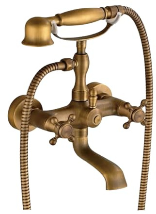 Antikes Gold Messing Badewanne Mischbatterie Wasserhahn Duschset mit Handbrause Badewannenarmatur Wannenarmatur Mit Handbrause Retro Antik Messing Wandmontage Zwei Griffe Wannenbatterie Duscharmatur