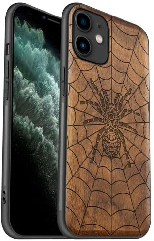 Carveit Coque en Bois pour iPhone 11 Étui Protection Artistique Cover TPU Souple de téléphone Antichoc Compatible avec Apple 11 Etui (Noyer-Toile d'araignée)