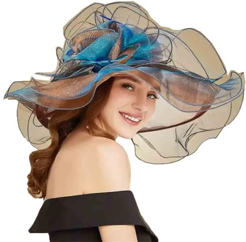 Fascinator-Hut für Damen, Organza-Sonnenhut, elegant, große breite Krempe, Hochzeit, Braut, Kirche, Fedoras, braun, Einheitsgröße