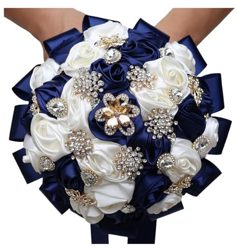 JozyS Bouquet da Sposa Artigianale Proposta di Gioielli di Lusso Bouquet da Damigella d'Onore Accessori da Sposa Glamour(Navy+Milk)