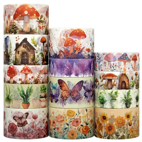 Jniseger Washi Tape Set 13-Rollen-Pilz Schmetterling Floral Dekorative Tape, farbiges Masking Tape für Scrapbooking Supplies, Bullet Journal Supplies, Junk Journal, DIY Handwerk Kunst
