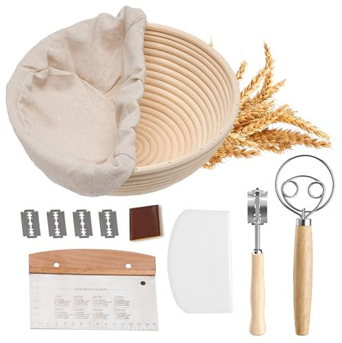 Herogo Gärkörbchen Set, 5-teilig Gärkorb Brot zum Brotbacken, 23cm Rund Gärkörbchen für Anfänger, Komplettset Backzubehör inklusive Teigschneebesen, Teigschaber, Brotmesser mit Klingen, Hülle