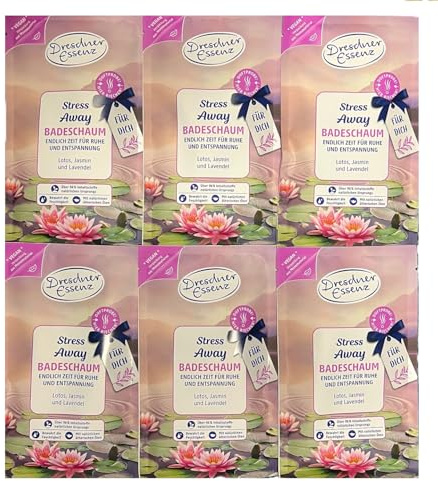 Dresdner Essenz 6er Pack Badeschaum Stress Away 6 x 60g Lavendel, Lotus, Jasmin