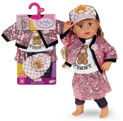 BABY born Glam-Outfit für 43 cm Puppen | Paillettenrock, Jacke, Shirt mit Teddydruck, Cap und Leggings