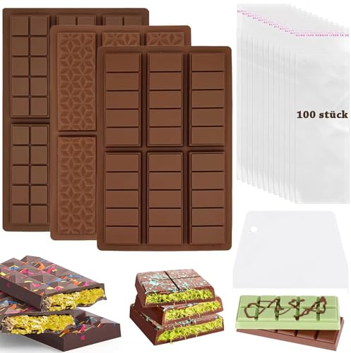 Schokoladenform Silikon,Schokoladenform,3 Stück Silikonform Schokolade,mit 1 Schaber und 100 Stück Tasche,Dubai Schokolade Form Schokoladenform Tief für Backen Schokolade Praline SüßIgkeiten