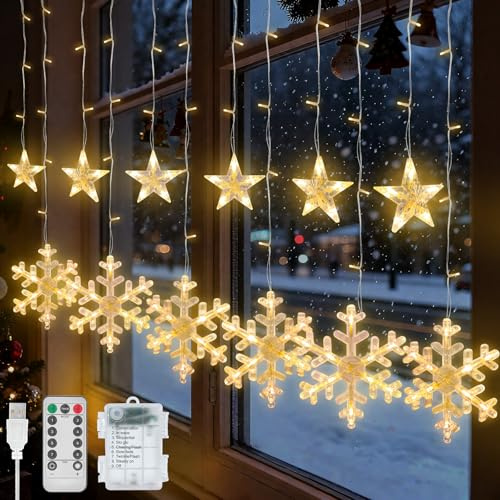 Jsdoin Christmas Window Lights, 3.5M 138 LED Stars Snowflake Curtain String Lights with 8 Flashing Modes USB+Battery-Powered Fairy Light for Christmas Tree,Xmas Wedding Decoration(Warm White)