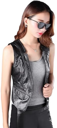 Damen Schwarz Echtleder Weste Echtes Schaffell Kurze Ärmellose Jacke, Schwarz , XL