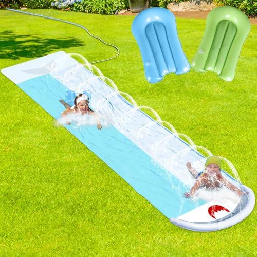 Gobesty Wasserrutsche Garten für Kinder, 550x145cm Doppel Wasserrutschmatte, Wasserrutsche Garten mit 2 Bodyboards, Sommerspielzeug mit Sprinkler, Hai-Stil Wasserspielzeug Kinder Outdoor