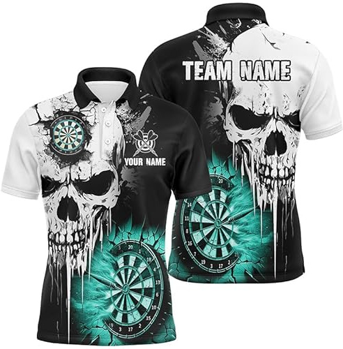 Outfitsuche Personalisierte Grunge Totenkopf Dartshirts für Herren & Damen | Individuelle Team-Trikots mit Risswand-Design | Türkises Performance-Darttrikot T2784