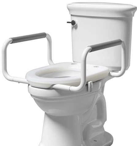 R&T 2 Toilet Seat Riser with Handles – Comfortable Raised Toilet Seat for Seniors, Fits for Elongated Toilets, Elevated Seat with Soft Grey Padded Arms for Bathroom