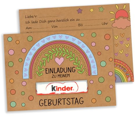 Giftota 15 Einladungskarten Kindergeburtstag Mädchen Junge, DIN A6 Kraftpapier Einladungen mit Regenbogen-Herz-Motiven, Witzige Geburtstagseinladungen Kinder, Ohne Kinderschokolade, Duplo-Geschenk