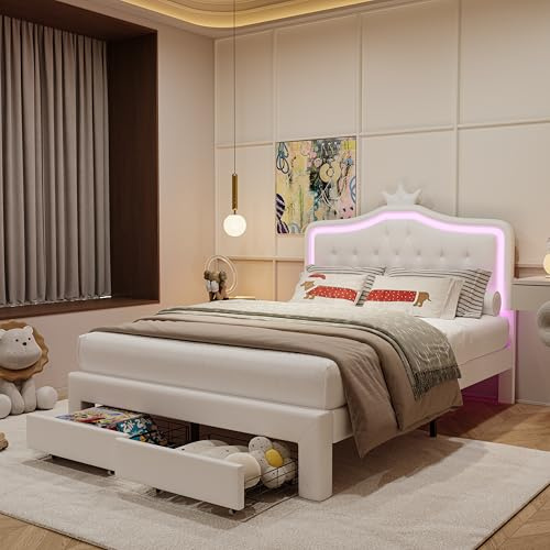 LONELYO Lit pour Enfants de Rangement, lit 2 Personnes avec Rangement, Cadre de avec tête Couronne et sommier à Lattes (Blanc, 140x200cm)